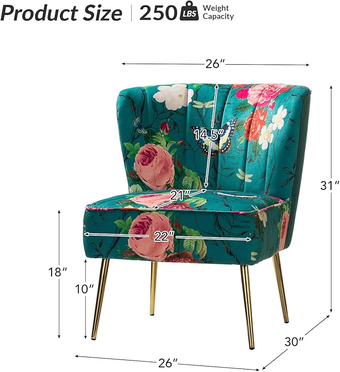 HULALA HOME Accent Chair with Golden Metal Legs Comfy Tufted Wingback Living Room Chair Floral Fabric Small Armless Side Chair Upholstered Slipper Chair for Bedroom Reading Room Flower Print