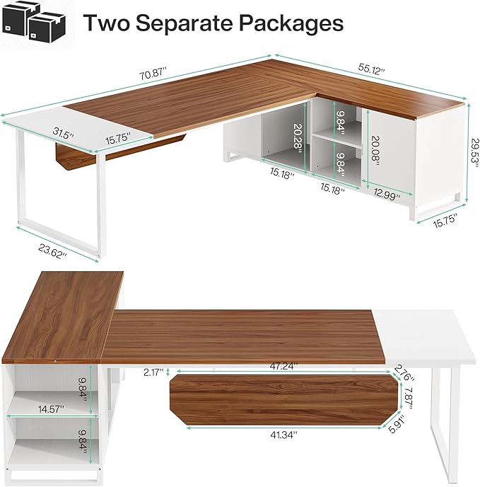 Tribesigns 70.8-Inch Executive Desk with 55-Inch File Cabinet Large L Shaped Computer Desk with Storage Cabinet and Shelves Modern L-Shaped Desk for Home Office Walnut &amp White