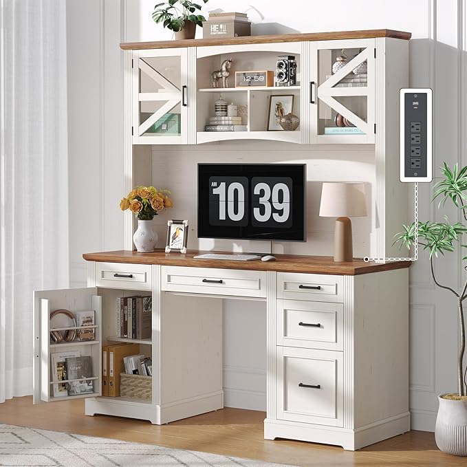 ONBRILL 72 H Farmhouse Executive Desk with Hutch Office Desk Computer Desks with Charging Station Computer Workstations with 5 Drawers and Storage Cabinet for Home Office Off White &amp Walnut