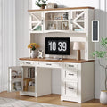 ONBRILL 72 H Farmhouse Executive Desk with Hutch Office Desk Computer Desks with Charging Station Computer Workstations with 5 Drawers and Storage Cabinet for Home Office Off White &amp Walnut