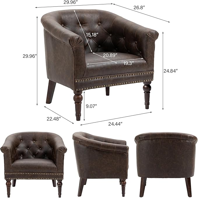 Accent Chair Upholstered Faux Leather Barrel Chair with Nailed Trim Comfy Club Armchair for Reading Living Room Bedroom Waiting Room (Chocolate Set of 1)