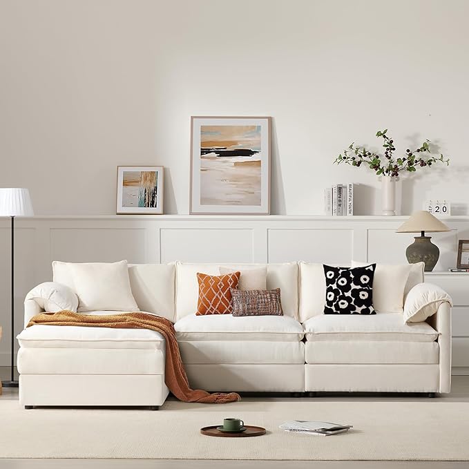 103.5 L Shaped Modern Cloud Sofa Modular Sectional Couch with Ottoman 4-Seat Chenille Deep Seat Sofa with Pillow for Living Room Bedroom and Apartment White