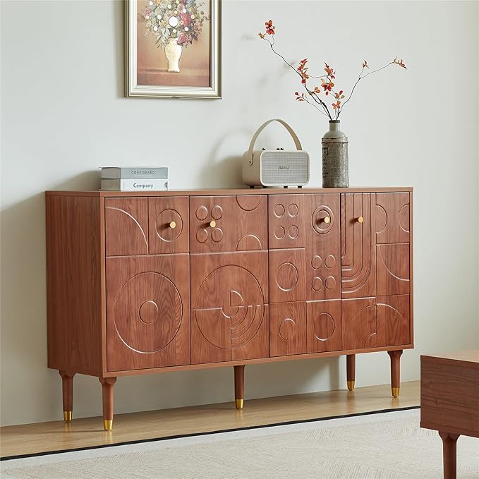 Modern TV Stand for 65 inch TV 59 Entertainment Center with Carved Geometric Doors TV Console with 4 Cabinet Storage Retro Art-Inspired Media Console for Living Room/Bedroom - Walnut