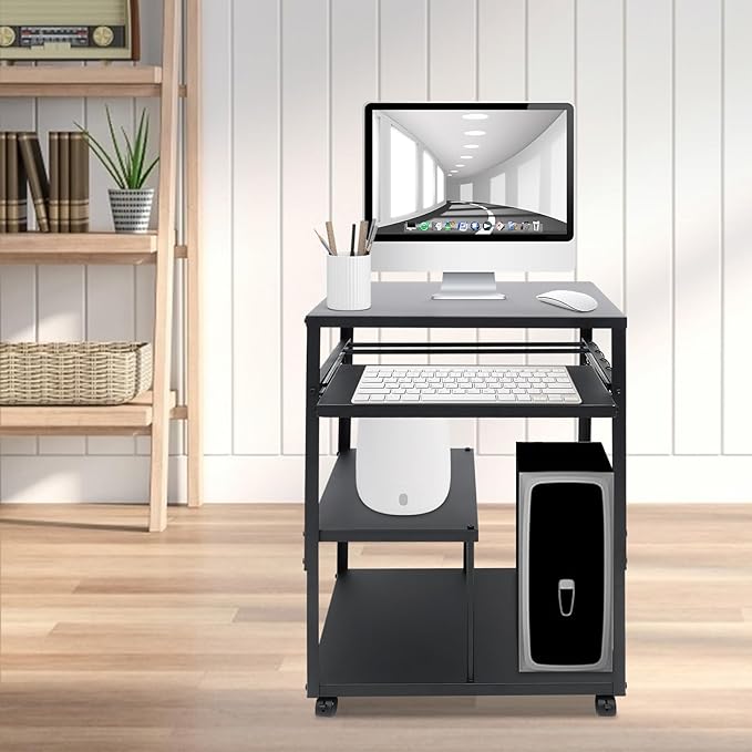 Computer Desk 4 Tiers Steel Freestanding Home Office Desks Adjustable Height 30.7-41.3inch Computer Desk with Four 360° Swivel Wheels and 5 Hooks for Conference Rooms Classrooms Libraries
