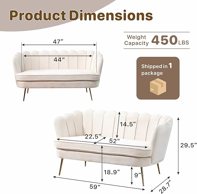 Mlmh &amp Kngwa 59 Small Chenille Loveseat Sofa 2 Seater Couch Settee with Gold Metal Legs Comfy Upholstered Floral Mini Sofa for Bedroom Living Room Apartment Beige