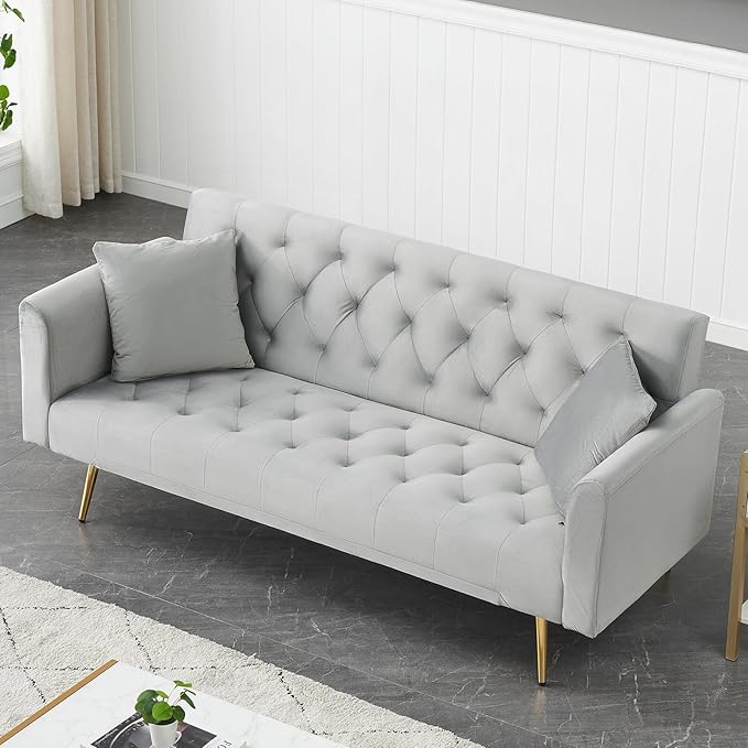 71 Modern Velvet Sofa Bed Futon Convertible Sleeper Couch with Adjustable Backrest Tufted Recliner Loveseat with Golden Chrome Legs &amp 2 Pillows for Small Spaces Living Room Apartment (Gray)