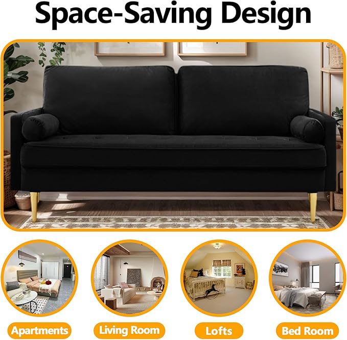 65 Loveseat Sofa with 2 Pillows Comfy Love Seat Cuches with Gold LegsVelvet Small Couchs for Living Room Bedroom Office ApartmentMid Century Modern Couch (Black)