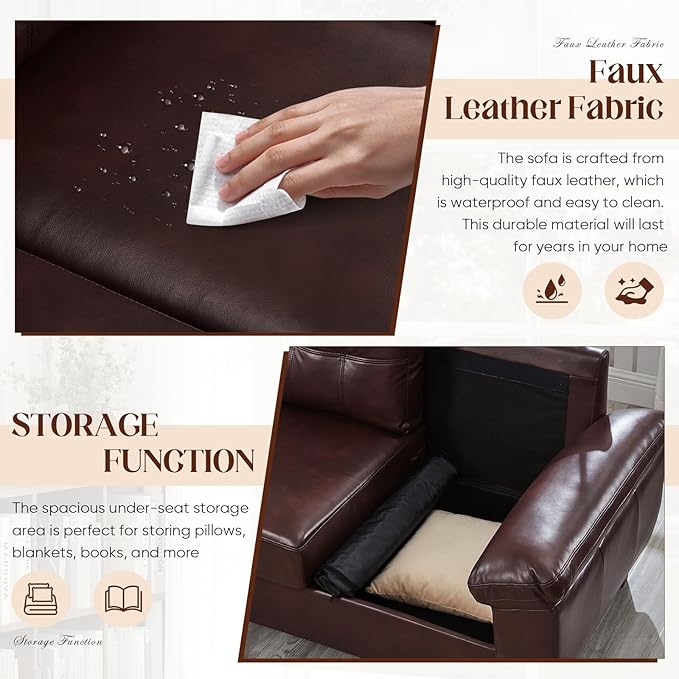 59W Faux Leather Sofa Loveseat Couch with Hidden Storage &amp Tufted Backrest Upholstered Mid Century Modern Couch Deep Seat Comfy Chesterfield Sofa for Livingroom Bedroom Office(2 Seater Burgu
