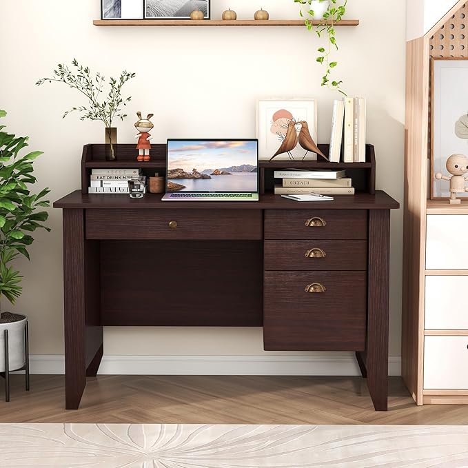 GLACER 48 Computer Desk with 4 Storage Drawers &amp Hutch Home Office Desk with Cable Hole for PC Laptop Wooden Writing Workstation Gaming Desk for Office Study Bedroom Small Spaces (Brown)