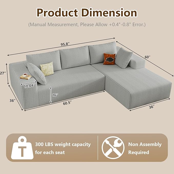 96 Modular Sectional Couch Boneless L Shaped Cloud Sofa with Chaise Lounge Corduroy Upholstered Couches Memory Foam Deep Seat No Assembly Required Ideal for Living Room(Light Gray Right Facing)