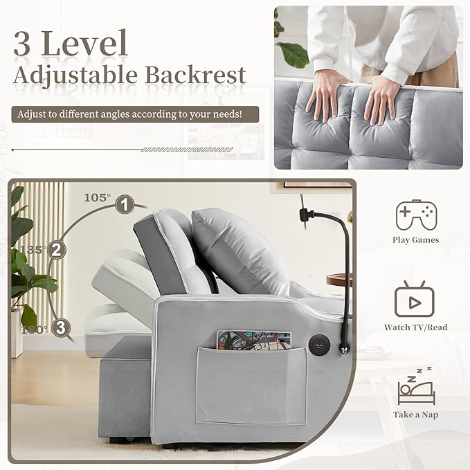 Convertible Sleeper Sofa Chair Bed 3 in 1 Velvet Single Small Futon Sofa Bed with Phone Holder &amp USB PortsPull Out Couch Recliner with Adjustable Backrest for Living Room Office Small Place(Gr