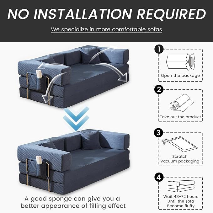 Convertible Sleeper Sofa Bed Corduroy Upholstered Green Modular Floor Couch Queen/King Size Foldable Futon with Memory Foam for Apartment Living Room Bedroom (Off White) (Blue 80.15) | Convertible s