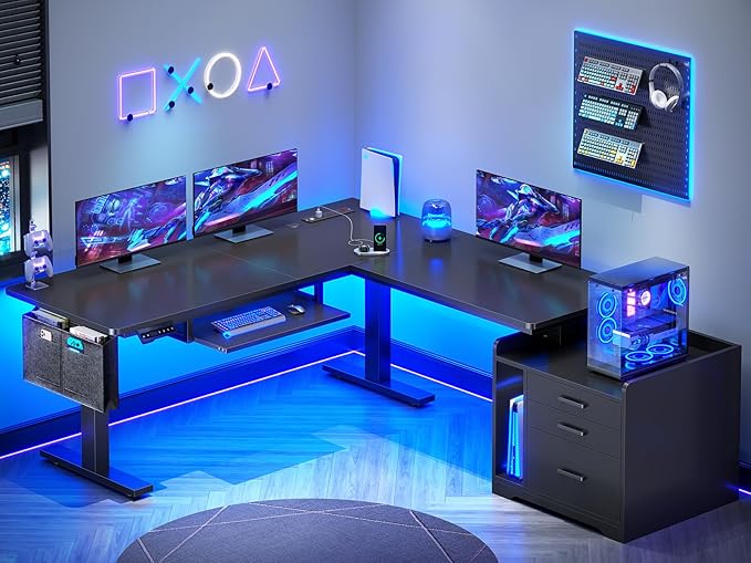 SEDETA L Shaped Electric Standing Desk with File Cabinet 63 x 53'' Height Adjustable Home Office Computer Desk with Drawers Power Outlet Stand up Gaming Table with Led Lights Keyboard Tray Black