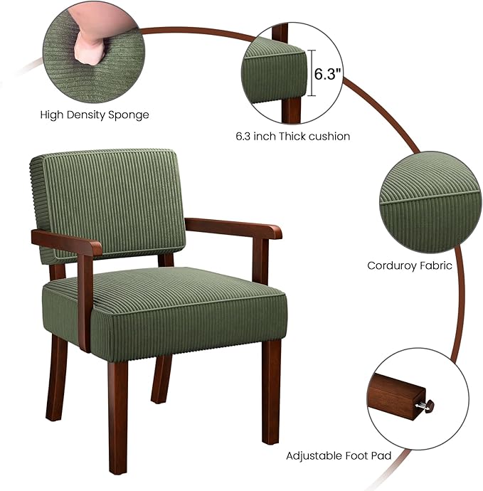 Corduroy Accent Chair Mid Century Modern Armchairs with Solid Wood Frame Oversized Reading Leisure Chair for Living Room Bedroom (Corduroy Green One Chair)
