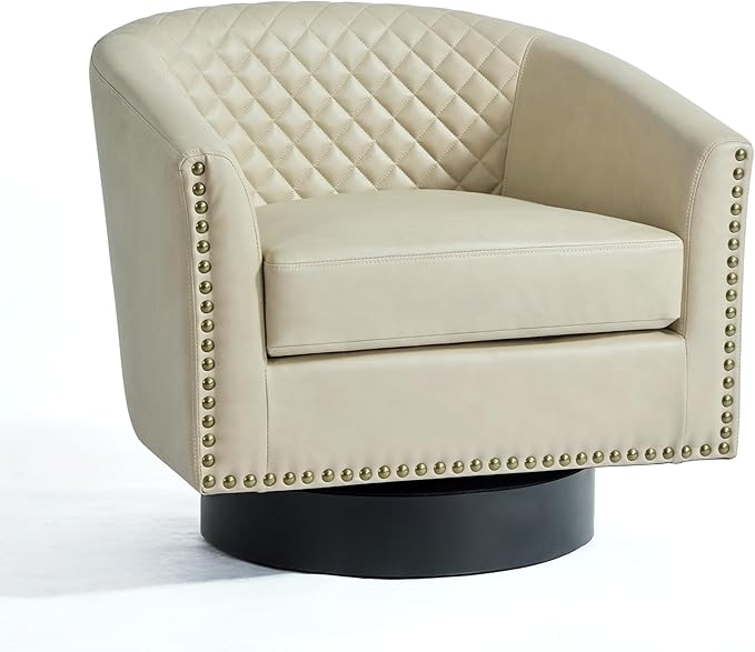 Pia Ricco Faux Leather Swivel Barrel Accent Chairs Set of 2 360° Swivel Round Single Sofa Chair Comfy Upholstered Club Armchair with Nailhead Trim for Living Room/Reading Room/Bedroom Beige
