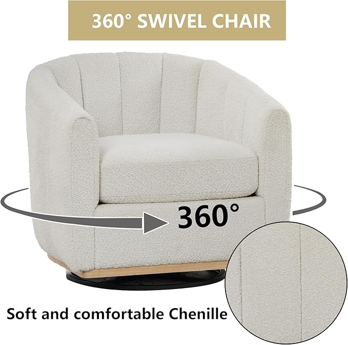 Ivory White Swivel Accent Chairs Set of 2Chenille Accent Chairs for Living RoomUpholstered Swivel Chair with Wide Curved Backrest