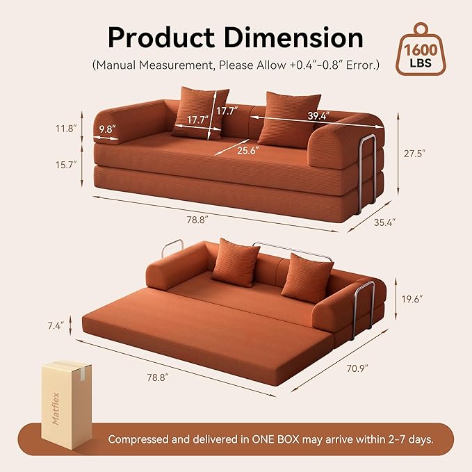 79 Folding Convertible Sofa Bed Boneless Couch for Living Room with Pull Out Bed ‌Convertible Sleeper Sofa Bed with Pillows - Corduroy Upholstered Modular Futon Couch for Bedroom Lounge (Orange)