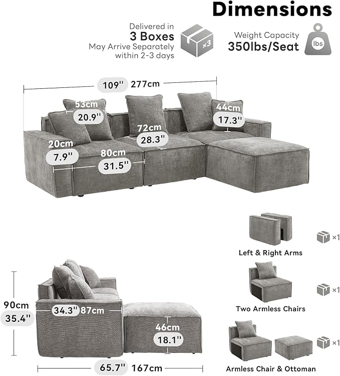 WILLOVE 109'' Modular Sectional Sofa Chenille Cloud Couch with Wide Armrests &amp 5 Pillows Deep Seat Couches for Living Room Grey