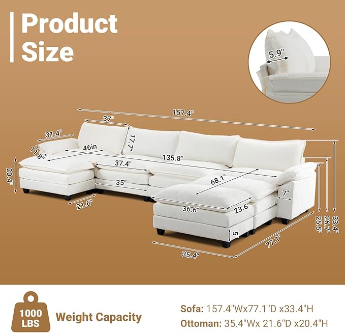 VINGLI 157 Cloud White/Cream Convertible Sectional Sofa Comfy U-Shape Extra Deep Seat Sofa Couch for Living RoomModern Chenille 4-Seat Convertible Sofa with 3 Movable Ottomans for Small Space