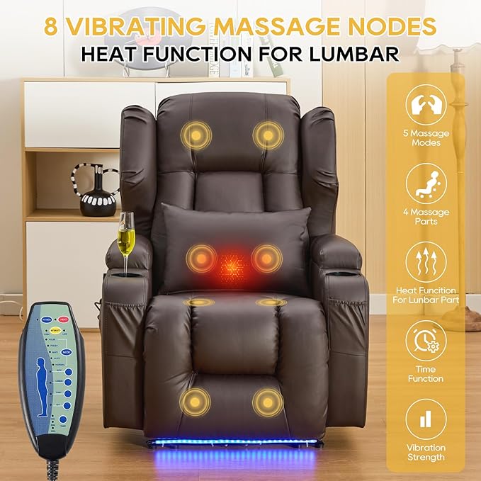 IPKIG Power Recliner Chair with Massage and Heat Electric Recliner for Living Room Home Theater Bedroom with LED Lights USB Charger Cup Holders Side Pockets &amp Lumbar Pillow (1 Brown)