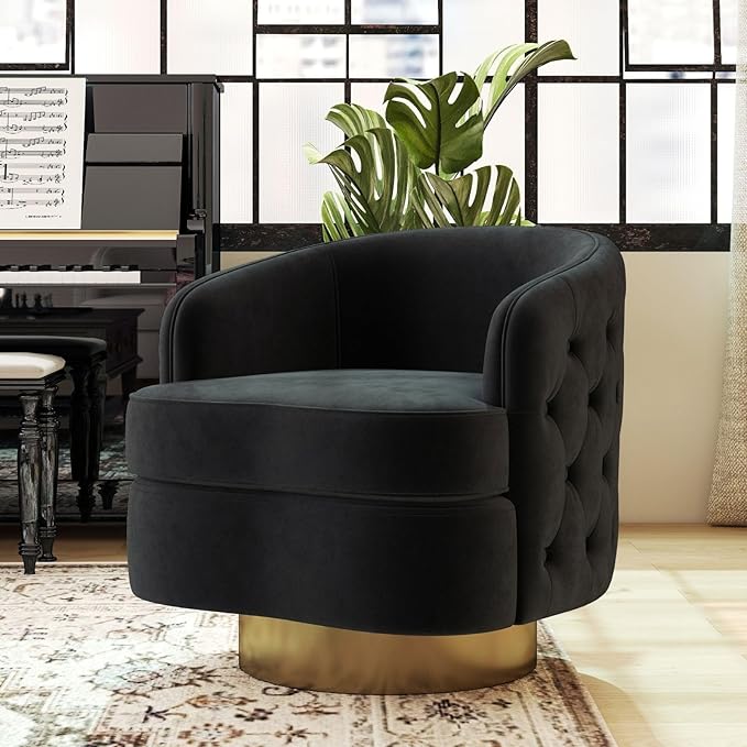Black Modern Accent Chair Swivel Barrel Armchair for Living Room Button Tufted Velvet Comfy Chairs Round Upholstered Single Sofa Seating with Gold Base