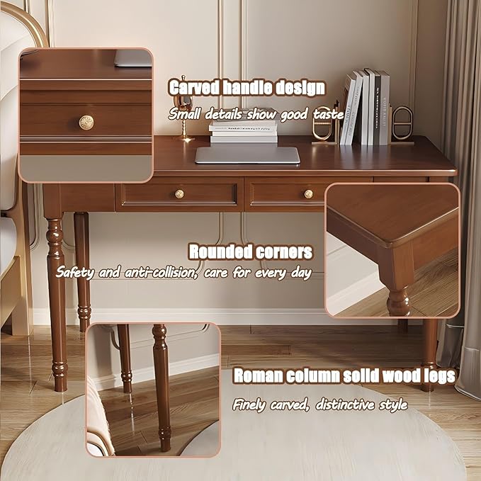 French Country Style Walnut Writing Desks with Drawers 47 Solid Wood Farmhouse Computer Table for Home Office Living Room Study or Workspace (Walnut)