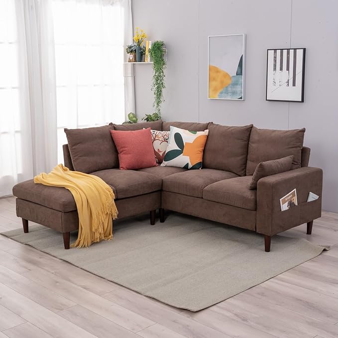 Panana 5 and 6 Seater Convertible Sectional Sofa CouchL-Shape with Universal Corner and Bulit-in USB Charging Port Chaise (Brown Linen Fabric 5 Seater Corner with Built-in USB Port Chaise)