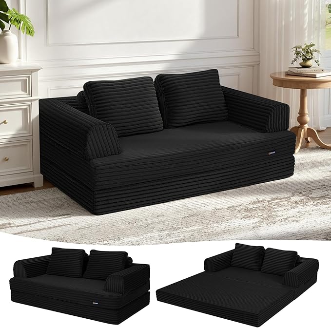 COMAX Convertible Sofa Bed Folding Floor Couch Corduroy Fold Out Couch Bed Futon Sleeper Mattress with Pillows Boneless Sofa Comfy Lounge Loveseat for Living Room Bedroom Plush Black