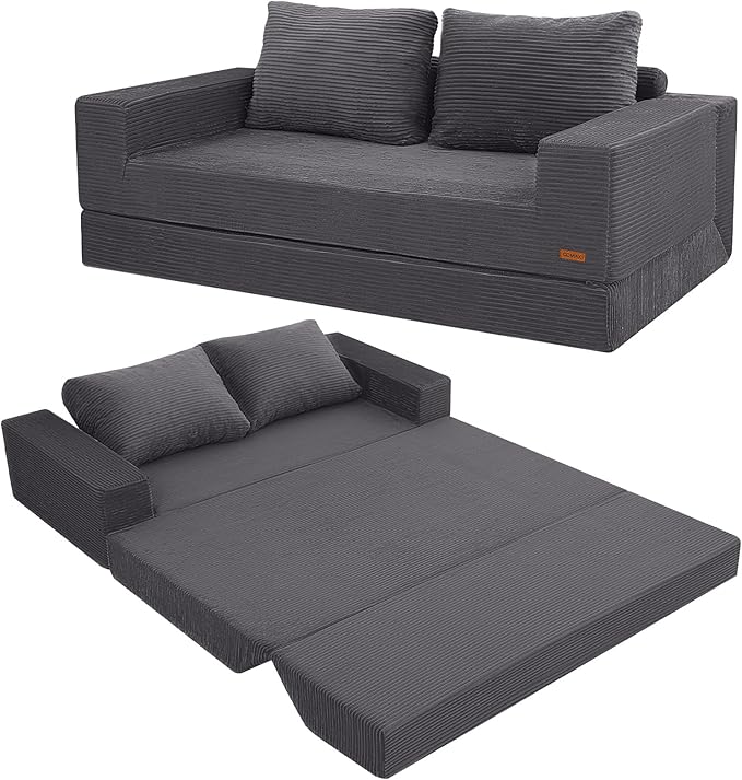 COMAX Convertible Sofa Bed Queen Corduroy Folding Floor Couch Pull Out Couch Bed Futon Sleeper with Pillows Fold Out Boneless Sofa Comfy Lounge Mattress Loveseat for Living Room Bedroom Grey