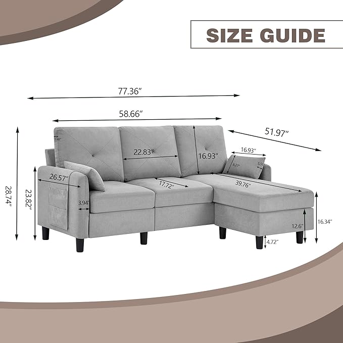 Convertible Sectional Sofa Modern Linen Fabric Sofa Couch with Reversible Chaise 3 Seat L-Shaped Couches for Living RoomOffice Small Apartment Light Grey