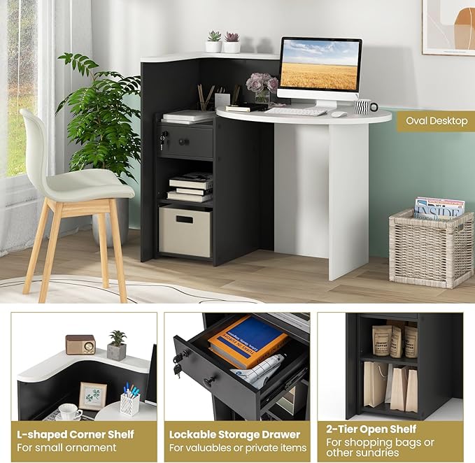MAT EXPERT Reception Desk Front Desk with Open Shelves Lockable Drawer Round Tabletop Checkout Counter Retail Counter Computer Workstation for Office (Black Cabinet &amp White Desktop)