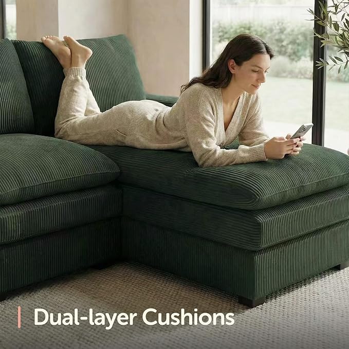 HONBAY 127.2 Inch Corduroy Cloud Modular Sectional Sofa with Chaise Deep Seat U-Shaped Couch with Storage for Living Room Apartment Small SpaceGreen