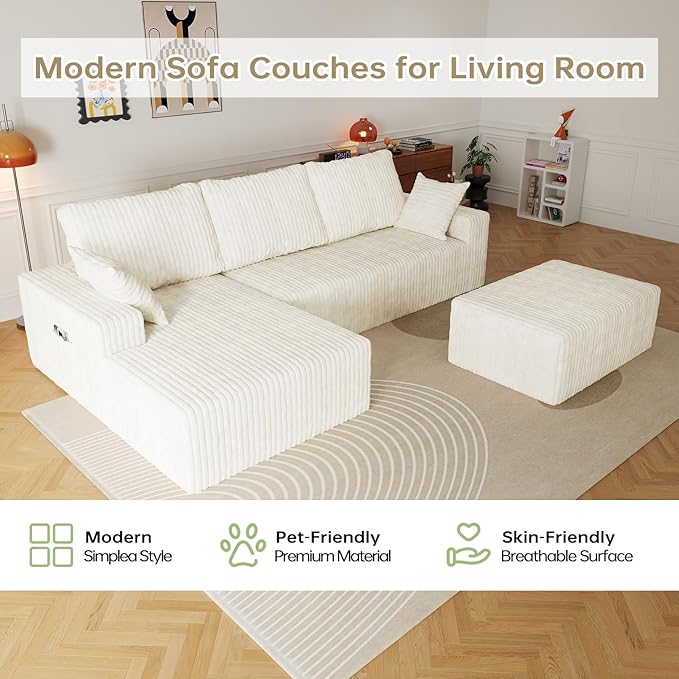 108 U Shaped Sectional Couch with Ottoman Corduroy Modular Sectional Sofa with Deep Seat Modern Modular L-Shape Sofa Couch with ChaiseUpholstered Boneless Couches for Living Room Bedroom