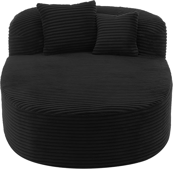 Modern Corduroy Fabric Chaise Lounge Chair Indoor Boneless Couch 51.6 Sofa Bed with Two Supportive Pillows for Living Room Office (Black/R1)