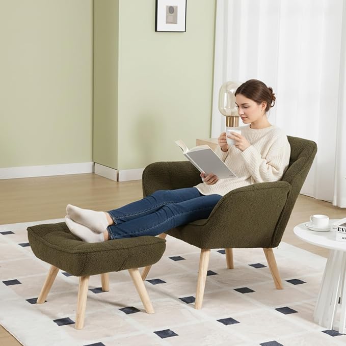 Small Accent Chair with Ottoman Sherpa Upholstered Lounge Chair with Footrest Comfy Reading Armchair with Wood Legs for Living Room Bedroom Green