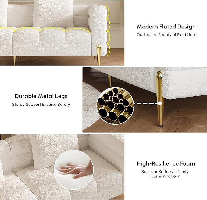 homary Sofa 79 Boucle Upholstered Sofa Modern White Couches for Living Room 3 Seater Sofa Couch with Pillows (Boucle White &amp Gold)