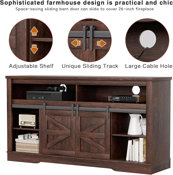 YESHOMY Fireplace TV Stand for Television up to 65+ Inch with Storage and Farmhouse Sliding Barn Doors Entertainment Center with Cabinet and Shelves Media Console for Living Room Dark Brown