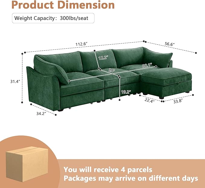 Modular Sectional Sofa with Pull Out Storage Drawers 112.6 L-Shaped Comfy Chenille 3-Seat Sofa with Storage Ottoman Upholstered Deep Seat Couch with 2 Armrest Pillows for Living Room Green