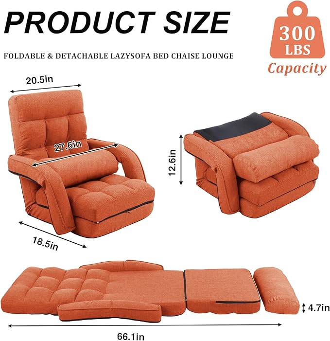Adjustable Floor Chair for Adults with Back Suppor5-Position Folding Lazy Sofa with Pillow Gaming &amp Meditation Chair with Breathable Fabric - for Living Room Bedroom OfficeBalcony (Orange)
