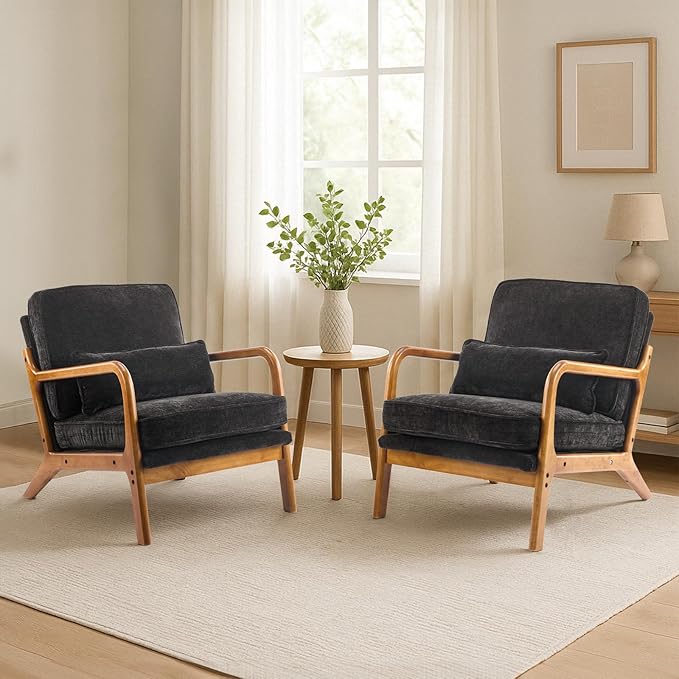 Karl home Mid Century Modern Accent Chair with Lumbar Pillow &amp Oak Arms – Plush Chenille Living Room Chair for Bedroom Lounge (Black)