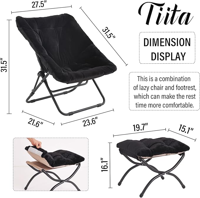 Tiita Folded Chair with Ottoman Soft Faux Fur Oversized Folding Accent ChairLazy Chair Metal Frame Moon Chair for Bedroom Living Room Dorm Rooms Garden and Courtyard