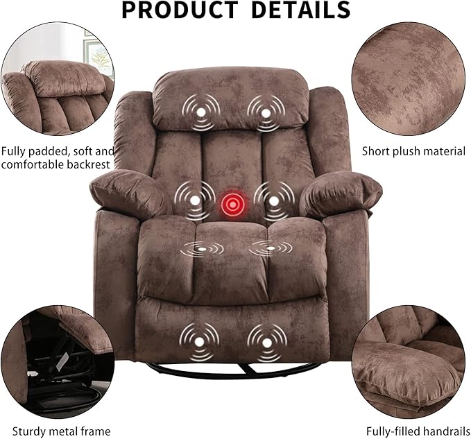 INZOY Rocker Recliner with Heat and Vibration Manual Swivel Rocking Chair with Vibrating Massage Comfy Padded Overstuffed Soft Fabric Heated Recliner (Brown)