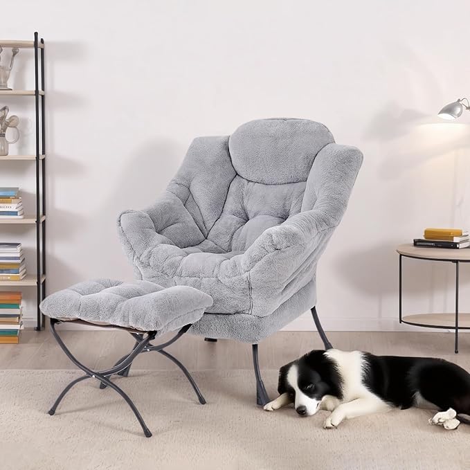 Tiita Lazy Chair with Ottoman Light Grey Modern Large Accent Armchair Comfy Leisure Sofa Reading Chair with Footrest for Bedroom Living Room Dorm Rooms Garden Plush Light Grey