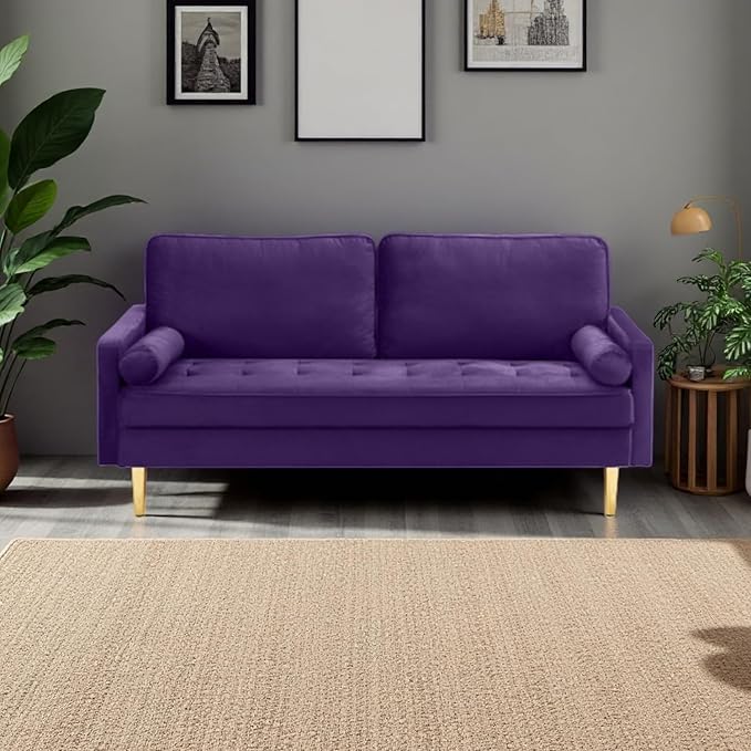 65'’ Velvet Upholstered Loveseat Sofa with Gold Metal Legs Modern Tufted Backrest Couch Solid Wood Frame for Living Room BedroomApartmentOfficeSmall Space (Purple)