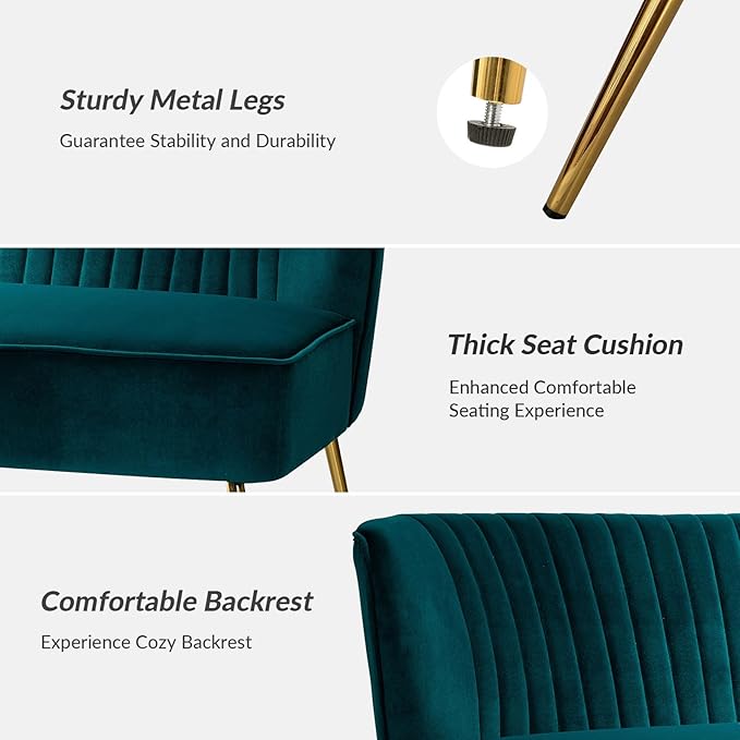 HULALA HOME Velvet Loveseat Sofa with Gold Legs Mid-Century Modern Upholstered Love seat Couch Tufted Small 2-Seat Sofa Armless for Living Room Bedroom Apartment Small Spaces Teal