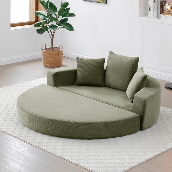 Folding Sofa Bed Corduroy Circular Boneless Couch No Assembly Convertible Sleeper Sofa with 3 Pillow Comfy Futon Sofa Bed for Apartment Office Bedroom Living Room Green