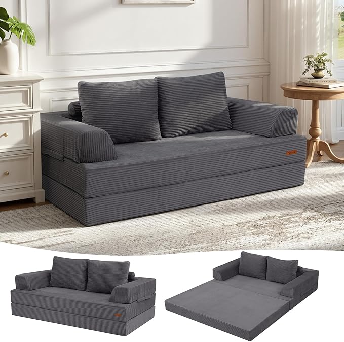 COMAX Convertible Sofa Bed Folding Floor Couch Corduroy Fold Out Couch Bed Futon Sleeper Mattress with Pillows Boneless Sofa Comfy Lounge Loveseat for Living Room Bedroom Grey