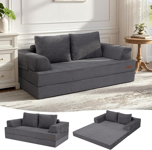 COMAX Convertible Sofa Bed Folding Floor Couch Corduroy Fold Out Couch Bed Futon Sleeper Mattress with Pillows Boneless Sofa Comfy Lounge Loveseat for Living Room Bedroom Grey
