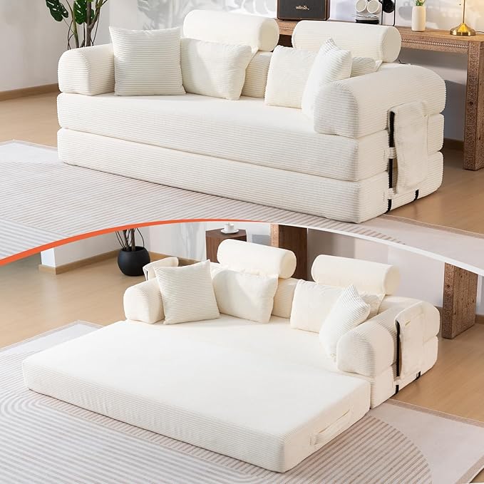 79 Corduroy Sofa Bed Sleeper Couch 6-in-1 Convertible Boneless Floor Futon Loveseat High-Density Foam Couch in a Box with 2 Headrest Pillows No Assembly Beige