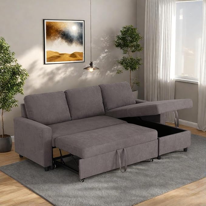 FONTOI 83 Inch L Shaped Sectional Couch with Pull Out Bed 3-Seat Sleeper Sofa with Chaise Convertible Sofa Bed for Living Room Apartment Gray